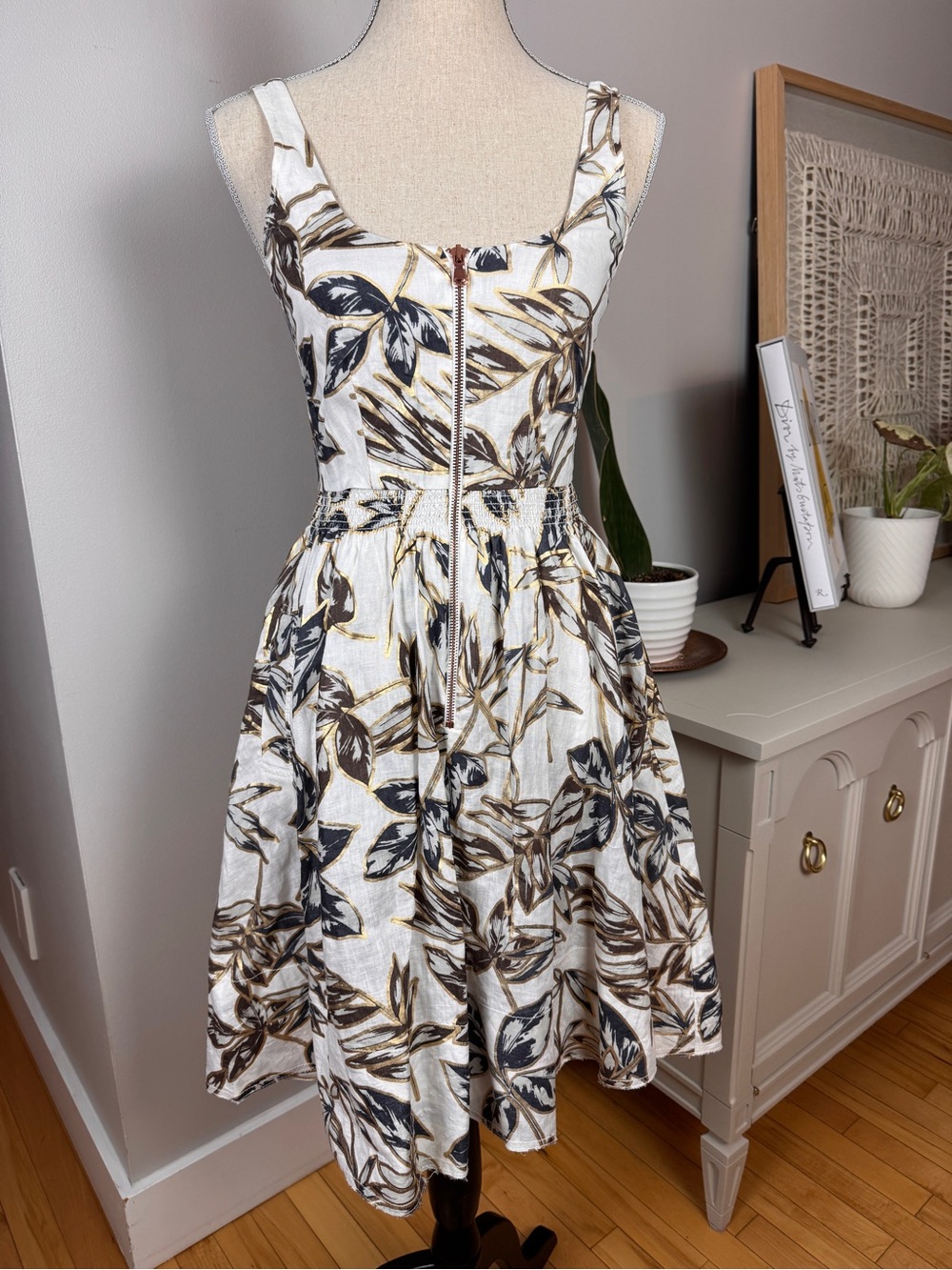 J. Crew White Midi Dress with Brown and Black Floral Print Linen
